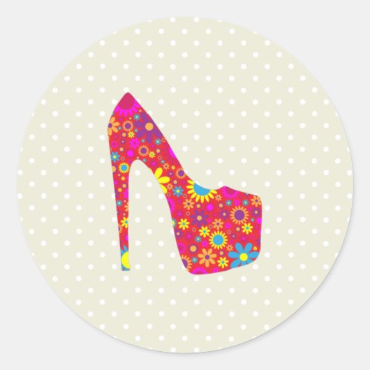 Hoge hakken, Stiletto, pompen, bloemen, rode schoe Ronde Sticker (Voorkant)