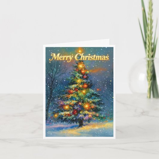 Hoge kerstboom met vrolijk kerstfeest kaart (Voorkant)