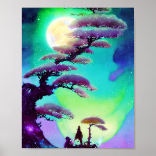 Hoge paarse bonsai en maan poster