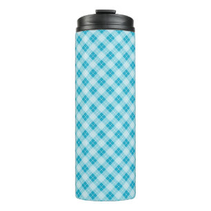 Hoge reismok met een blauw en wit ruitpatroon thermosbeker