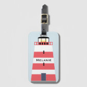 Hoge rode en witte vuurtoren gepersonaliseerd bagagelabel (Voorkant (verticaal))