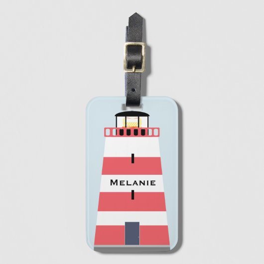 Hoge rode en witte vuurtoren gepersonaliseerd bagagelabel (Voorkant (verticaal))
