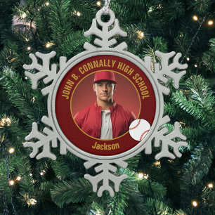 Hoge School Honkbal Speler Foto Maroon Goud Tin Sneeuwvlok Ornament
