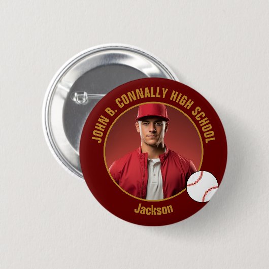 Hoge School Honkbalspeler Foto Maroon Goud Ronde Button 5,7 Cm (Voorkant /achterkant)