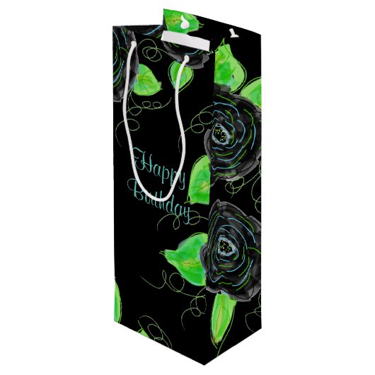 Hoge skinny geschenktas in zwart en Blauwgroen Wijn Cadeautas (Achterkant Gekanteld)