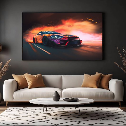 Hoge-snelheid drift auto digitale neon zonsonderga canvas afdruk