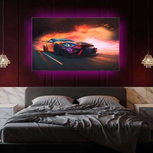 Hoge-snelheid drift auto digitale neon zonsonderga poster