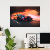 Hoge-snelheid drift auto digitale neon zonsonderga poster (Thuiskantoor)
