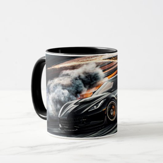 Hoge snelheid zwarte sportwagen driften mok (Voorkant links)