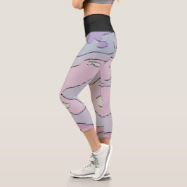 Hoge taille legging zwart abstract paars en roze