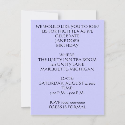 HOGE TEA BIRTHDAY PARTIJ INVITATIE ~ EZ2 AANGEPAST KAART (Achterkant)