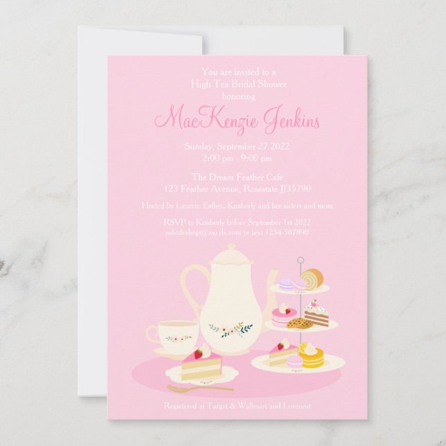 Hoge Tea party Bridal Shower uitnodigroze kleur (Voorkant)