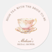Hoge Thee Pastel Roze Gouden Bruidsdiner Ronde Sticker (Voorkant)