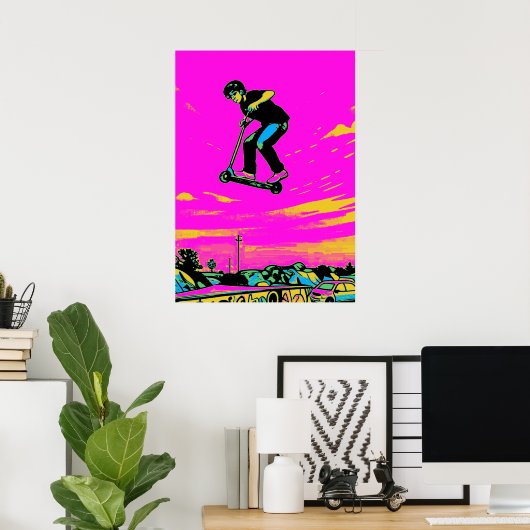 Hoge Vliegende Stunt - Scooterrijder Poster (Thuiskantoor)