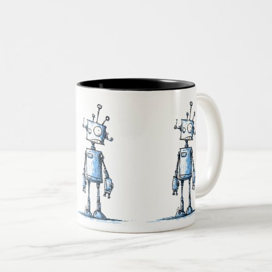 Hoge Wacky Robot Mok — Handgetekende Blue Characte (Voorkant rechts)