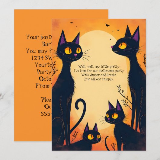 Hoge Zwarte Katten Halloween Feest Kaart (Voorkant / Achterkant)