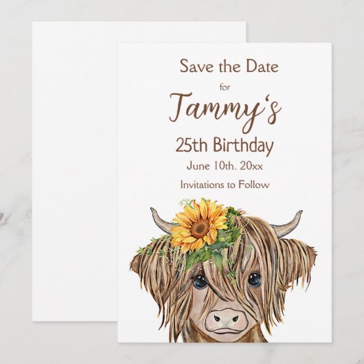 Hogeland Koe Uitnodiging, Koe Birthday Party Save The Date (Voorkant / Achterkant)