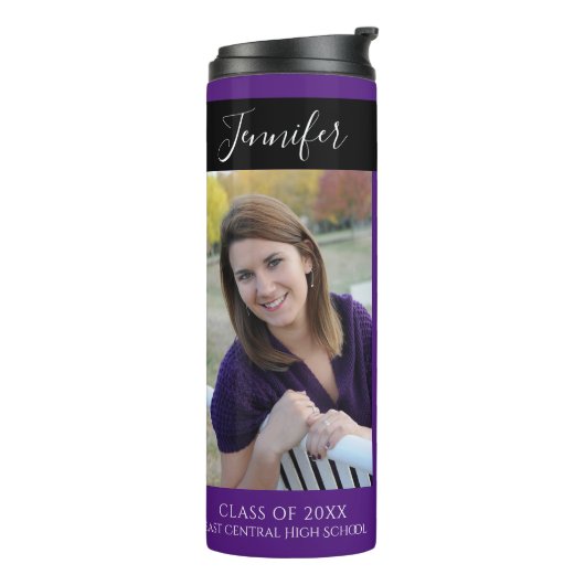 Hogere middelbare school voor Paars en goud Thermosbeker (Gedraaid links)