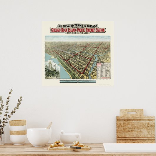 Hogere treinen van Chicago, IL Panoramic Map - 189 Poster (Keuken)