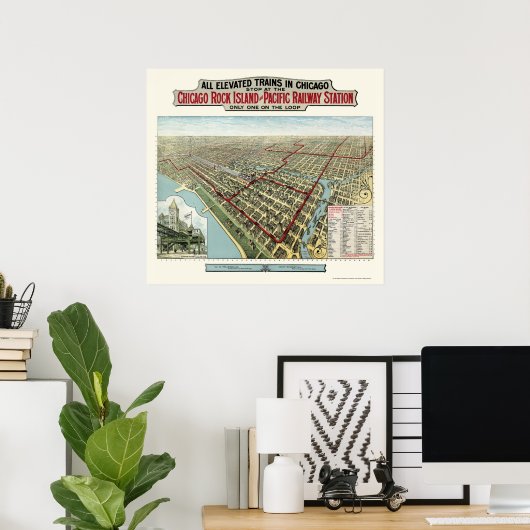 Hogere treinen van Chicago, IL Panoramic Map - 189 Poster (Thuiskantoor)