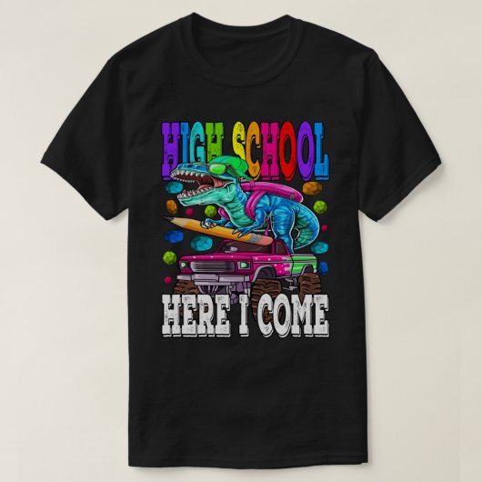 Hogeschool hier kom ik Monster Truck Dinosaur Bac T-shirt (Design voorkant)