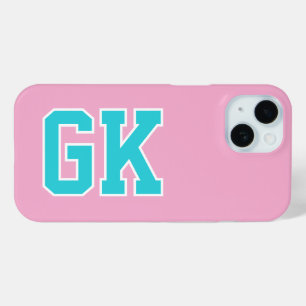Hogeschool Roze Turquoise Varsity Monogram Eerste iPhone 15 Case
