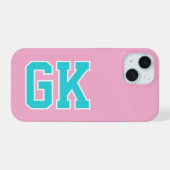 Hogeschool Roze Turquoise Varsity Monogram Eerste iPhone 15 Case (Achterkant horizontaal)