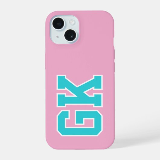 Hogeschool Roze Turquoise Varsity Monogram Eerste iPhone 15 Case (Achterkant)