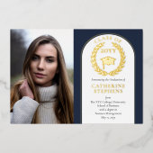 hogeschool | Universiteitsfoto DK Blue Gold Afstud Folie Uitnodiging (Voorkant)