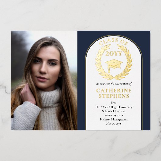 hogeschool | Universiteitsfoto DK Blue Gold Afstud Folie Uitnodiging (Voorkant)