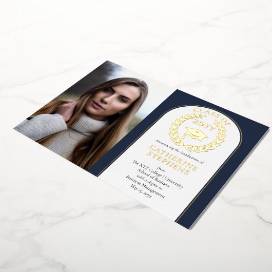 hogeschool | Universiteitsfoto DK Blue Gold Afstud Folie Uitnodiging (Gedraaid)