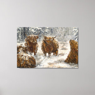 Hogland Ziel: Whimsical Besneeuwde Koeien Vintage Canvas Afdruk
