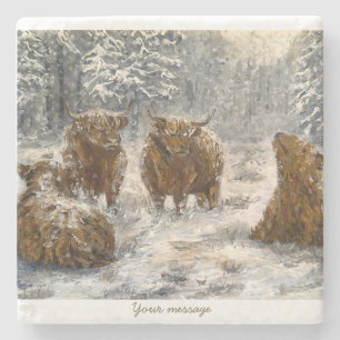 Hogland Ziel: Whimsical Besneeuwde Koeien Vintage Stenen Onderzetter