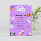 Hoi Boe! Paarse Halloween Ghost Kids Verjaardag Kaart (Staand voorkant)