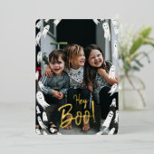 Hoi Boo! Halloween Gold Lettering Foto Folie Feestdagenkaart (Staand Voorkant)