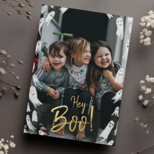 Hoi Boo! Halloween Gold Lettering Foto Folie Feestdagenkaart