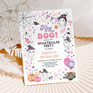 Hoi Boo! Roze Lila Halloween Ghost Girl Birthday Kaart
