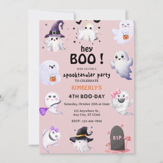 Hoi Boo! Roze Lila Halloween Ghost Girl Birthday Kaart (Voorkant)