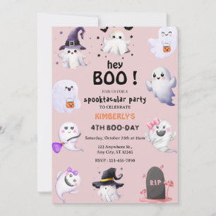 Hoi Boo! Roze Lila Halloween Ghost Girl Birthday Kaart