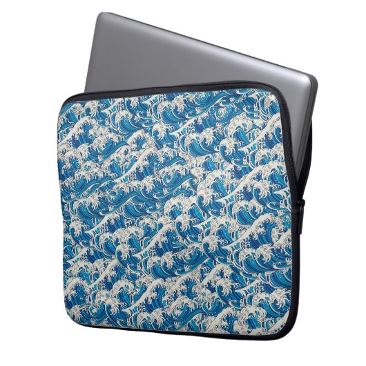 Hokusai de Grote Golf Patroon Nautische Blauwe gol Laptop Sleeve (Voorkant Links)