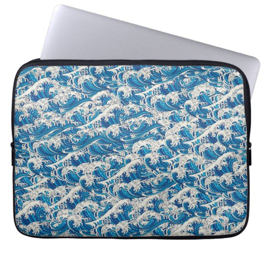 Hokusai de Grote Golf Patroon Nautische Blauwe gol Laptop Sleeve (Voorkant)