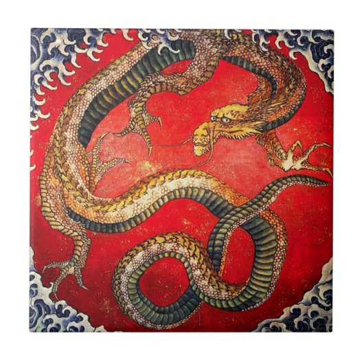 Hokusai Gold Japanse Dragon Tile Tegeltje (Voorkant)