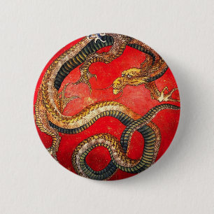 Hokusai Gold Japanse drakenButton Ronde Button 5,7 Cm