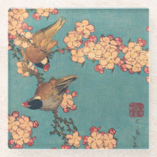 Hokusai Goudfinch en Kersenbloesem Vintage Vogel Glazen Onderzetter