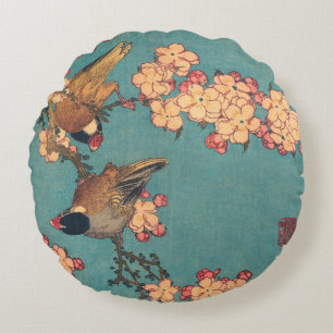 Hokusai Goudfinch en Kersenbloesem Vintage Vogel Rond Kussen