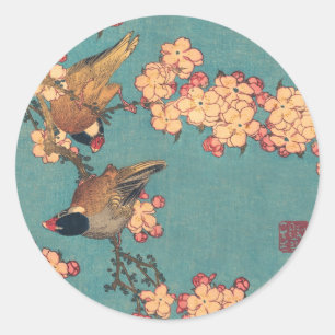 Hokusai Goudfinch en Kersenbloesem Vintage Vogel Ronde Sticker