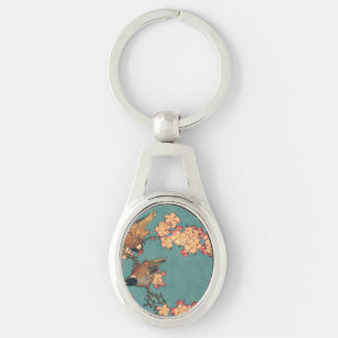 Hokusai Goudfinch en Kersenbloesem Vintage Vogel Sleutelhanger