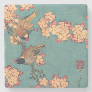Hokusai Goudfinch en Kersenbloesem Vintage Vogel Stenen Onderzetter