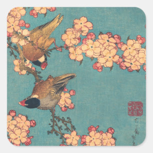 Hokusai Goudfinch en Kersenbloesem Vintage Vogel Vierkante Sticker