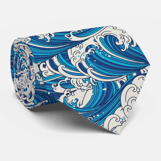 Hokusai Great Wave Pattern Nautische Blauwe Oceaan Stropdas (Opgerold)
